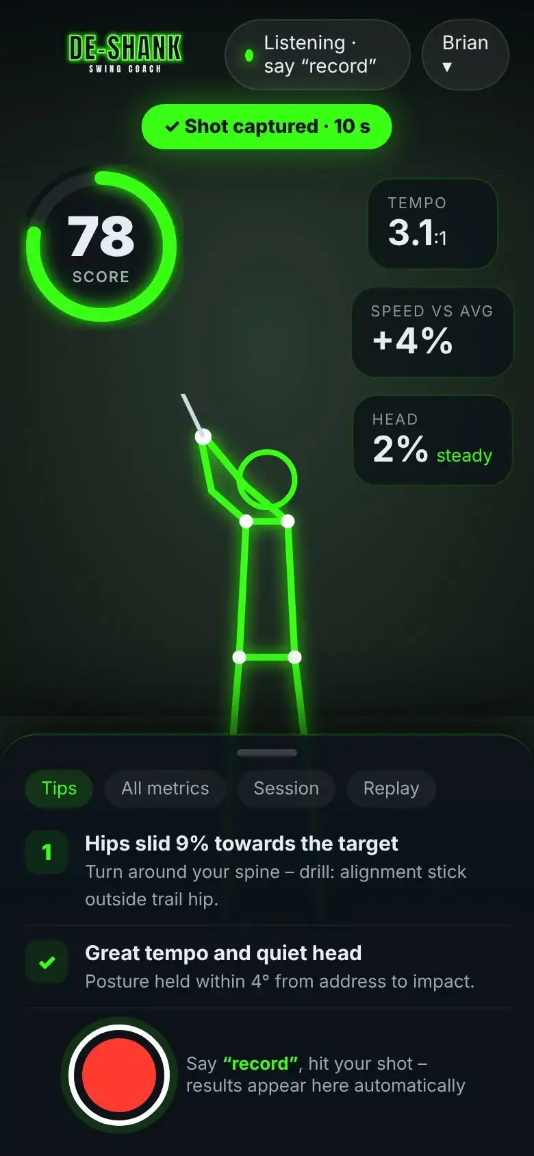 DESHANK golf swing analyser on a phone showing a swing score, tempo and coaching tips